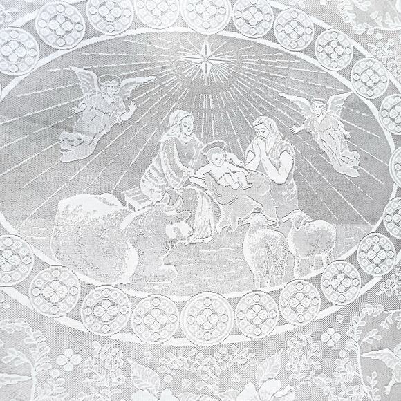Round White Lace Tablecloth Nativity Scene 70 Inch Intricate Weave Polyester - Picture 3 of 7